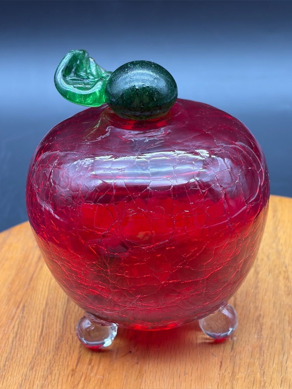 Vintage Handmade Crackle Glass Footed Apple Fruit Fly Trap Removable Stem 5"